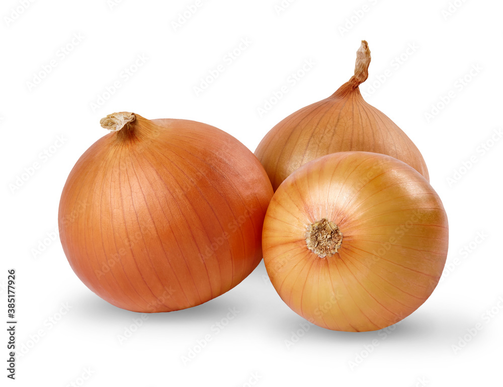Group of onions isolated on white background.