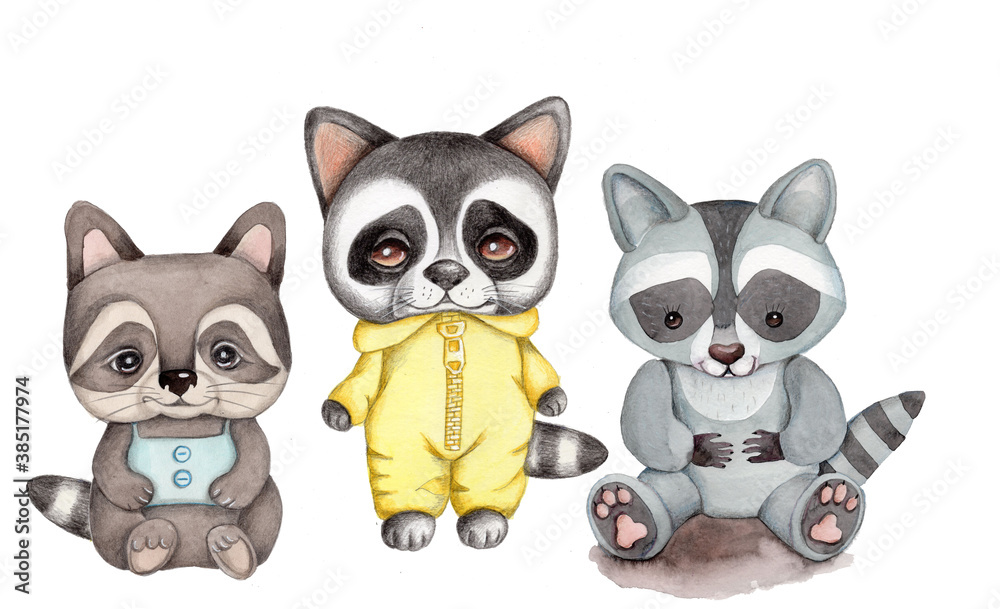 Three cute cartoon raccoons.