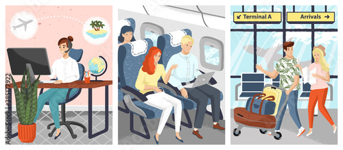 People travel by airplane vector illustration. Man and woman waiting for a flight in the airport terminal. Passengers use laptop and internet onboard. Travel company operator books ticket by phone