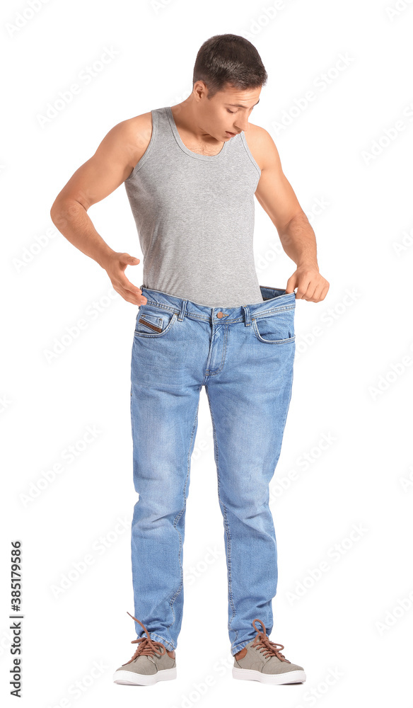 Man with sudden weight loss problem on white background. Diabetes symptoms Man with sudden weight loss problem on white background. Diabetes symptoms