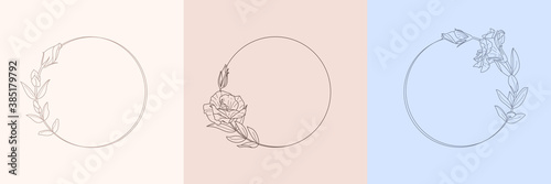 Set frame of Lisianthus Flowers and branches. Round icon in a trendy minimalistic linear style. Vector Floral logo. Template for cosmetics logo, beauty Studio, hair salon, handmade, spa