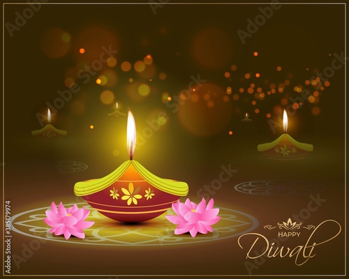 Vector greeting of Happy Diwali, Dipawali, Indian festival, festival of lights, diya lamp, oil lamp and lotus on beautiful pattern, colorful bokeh background.