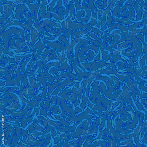 Blue seamless vector pattern of spirals with torn edges on a turquoise background.Texture for fabric or wrapping paper.Sea and swirl.