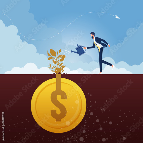 Business concept for Investment-Money growth, Businessman with watering can watering money plant. Investing, savings and fund concept
