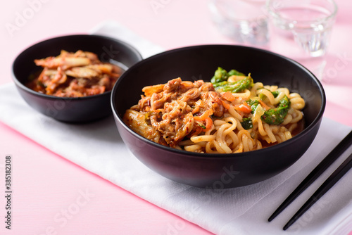 Korean food, kimchi spicy noodles soup 