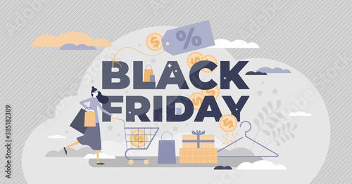 Black friday shopping sale and store discount offer event tiny person concept