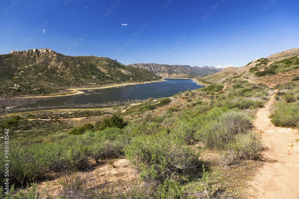 Scenic Landscape View of Inland Lake Hodges from Piedra Pintadas Hiking Trail in Rancho Bernard North San Diego County near Interstate 15