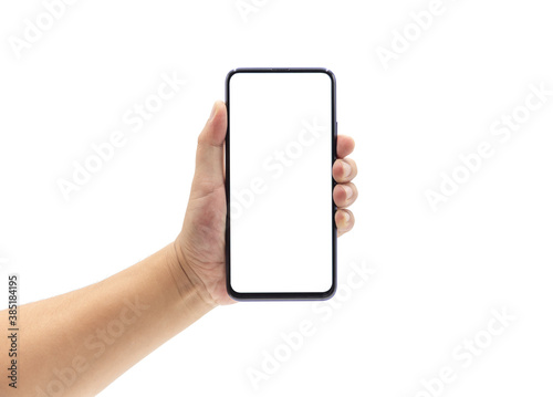 A man s hand holds a blank smartphone with a black frame.