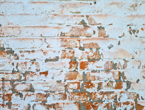 Texture of aged white painted brick wall background.