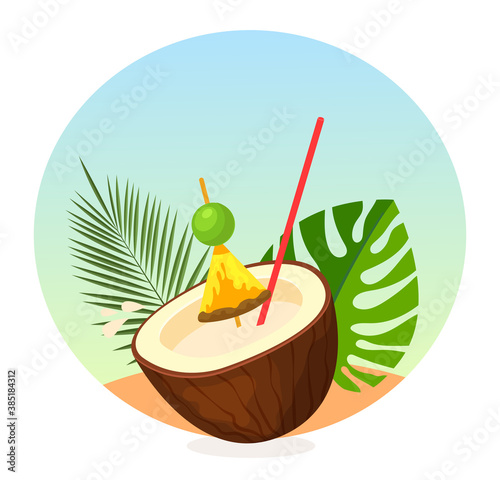 Tropical exotic coconut cocktail made from fresh fruits. Fresh drink in coconut fruit fetus, with tube and umbrella. Cool, summer, refreshing drink with vitamins. Vector illustration