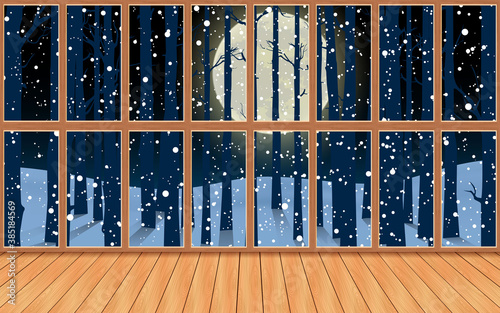 landscape of snow forest at wooden house in the night