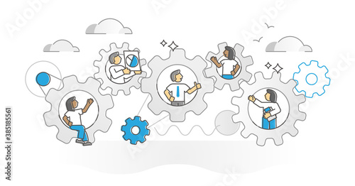 Workflow management as united employee mechanism monocolor outline concept