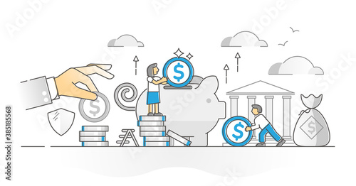 Money savings in bank as deposit and accumulation monocolor outline concept