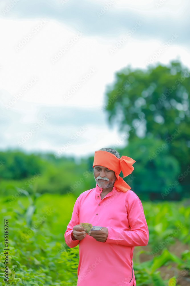 Excited farmer holding Indian rupee notes