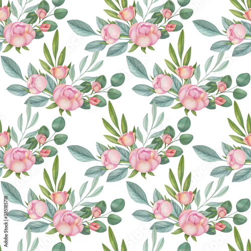 Watercolor floral seamless pattern on the light background. Hand-painted illustration with elegant flowers, leaves and buds. © Victoria