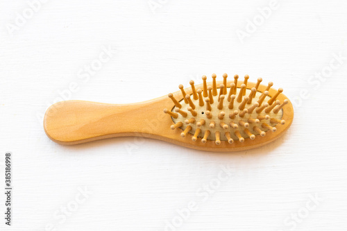 wooden brush comb for hairdresser of lifestyle woman relax arrangement flat lay style on background white 