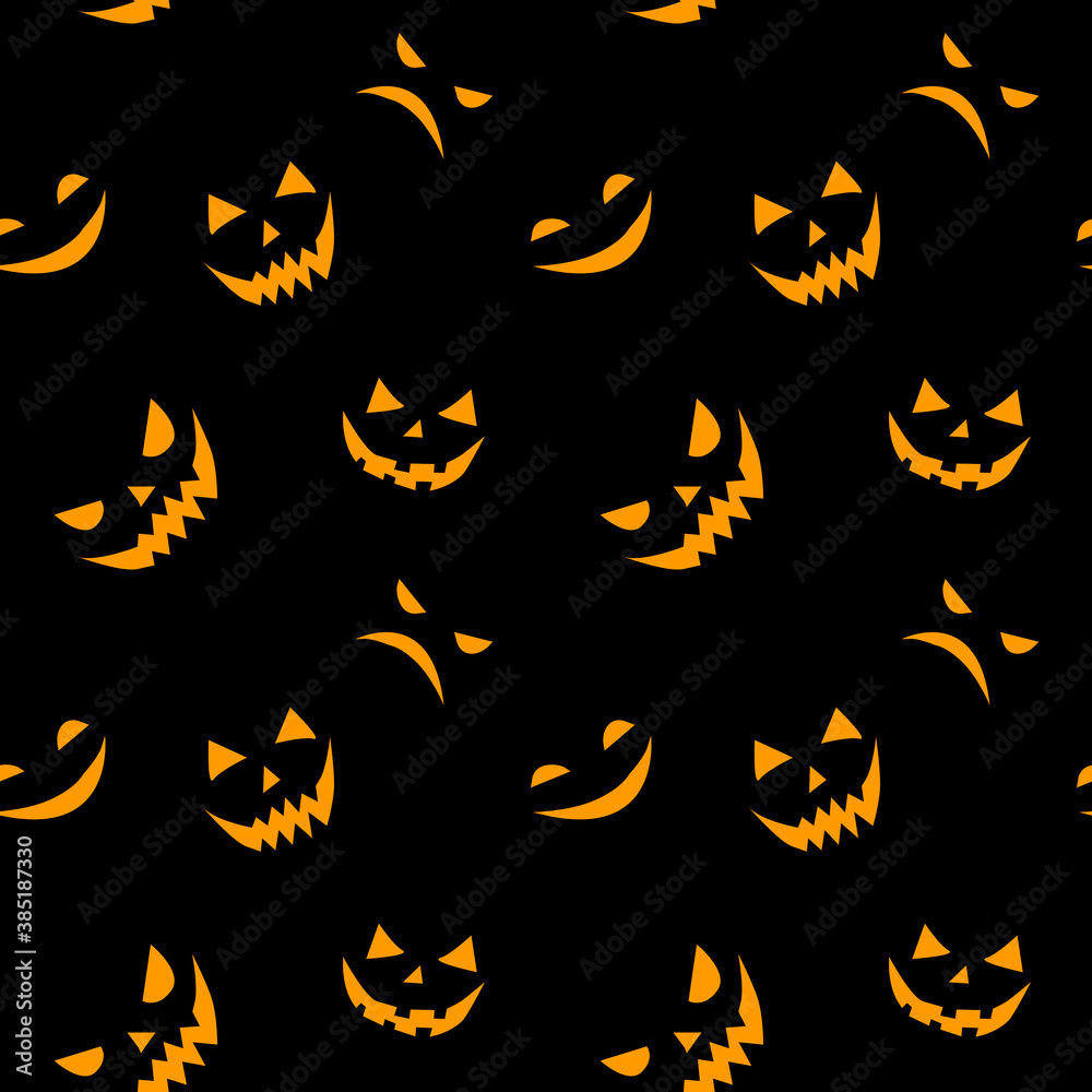 Seamless pattern of smiling scary faces in flat style. Halloween's vector background and texture for party, poster, invitation, any design. Isolated on black. Jack Lantern