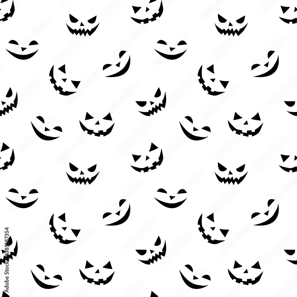 Fototapeta premium Seamless pattern of smiling faces ghosts in flat style. Vector Halloween's texture or background for party, poster, invitation, any design. Danger animal. Black and white, isolated