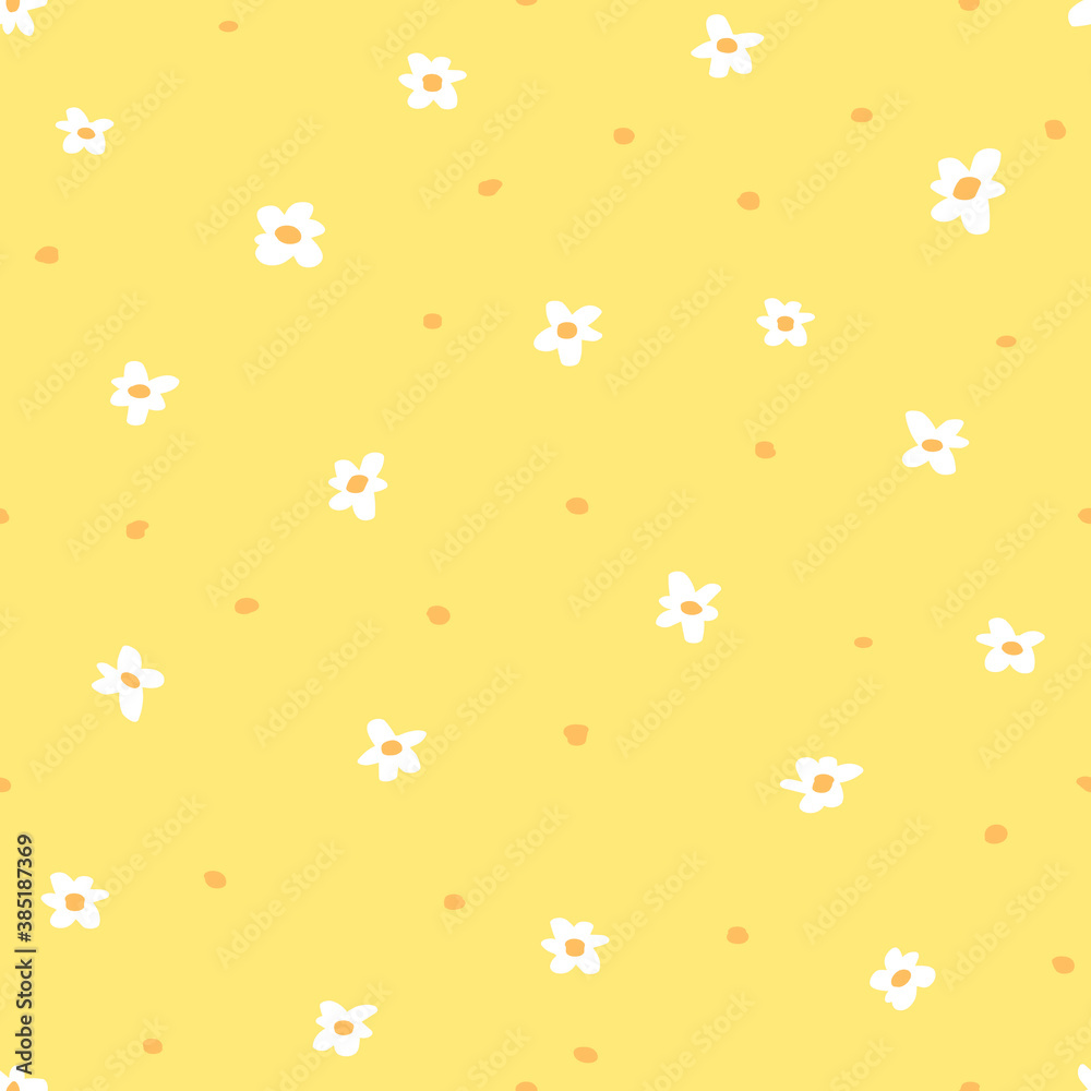 Seamless pattern of daisies on a yellow background. Doodle. Simple vector illustration in flat style. Use for textile, postcards,wallpaper, wrapping paper Seamless pattern of daisies on a yellow background. Doodle. Simple vector illustration in flat style. Use for textile, postcards,wallpaper, wrapping paper