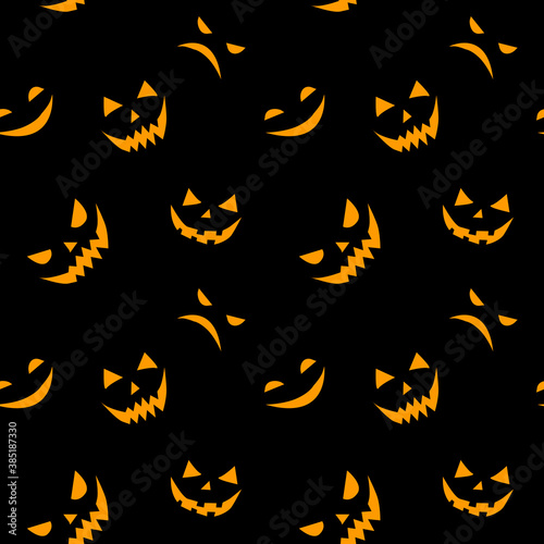 Seamless pattern of smiling scary faces in flat style. Halloween's vector background and texture for party, poster, invitation, any design. Isolated on black. Jack Lantern
