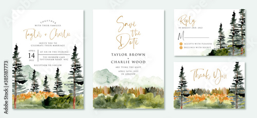 wedding invitation suite with wild nature landscape watercolor