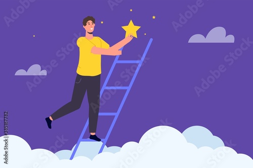 Businessman standing on stairs and reaches the star. Vector illustration.
