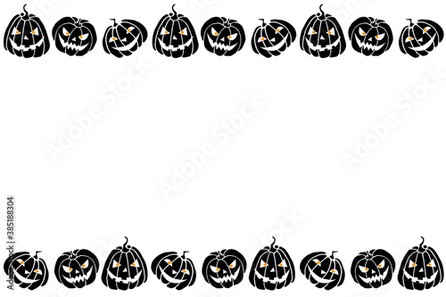Background, frame for Halloween. Horizontal top and bottom edging, border of festive elements and characters - Jack lantern, pumpkin. Background for greeting card, invitation, party poster, banner