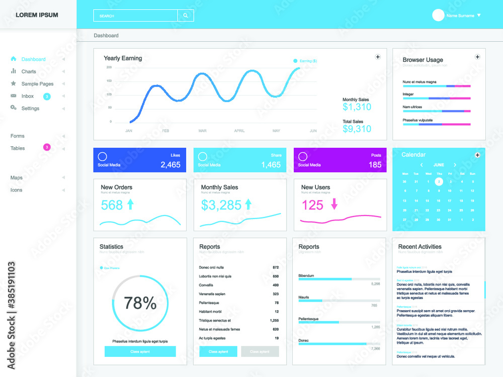 Dashboard user admin panel template design. Vector abstract modern web UI design Dashboard user admin panel template design. Vector abstract modern web UI design