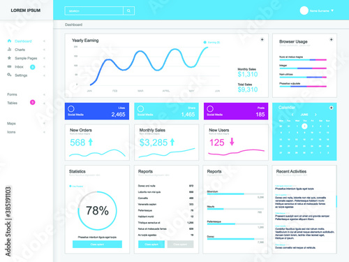 Dashboard user admin panel template design. Vector abstract modern web UI design