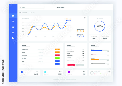Dashboard user admin panel template design. Vector abstract modern web UI design