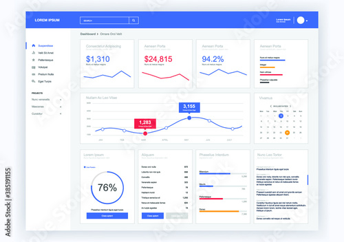 Dashboard user admin panel template design. Vector abstract modern web UI design
