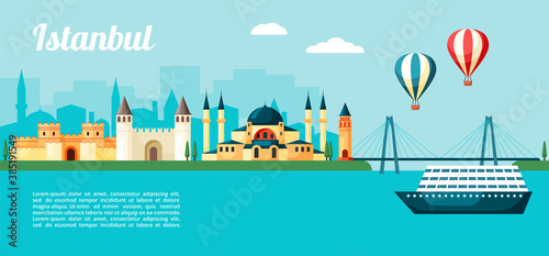 Excursion to Istanbul illustration. Colorful seaport with inbound cruise ship ancient turkish landmarks eastern city with great temple and ancient fortresses minarets. Cartoon color vector.