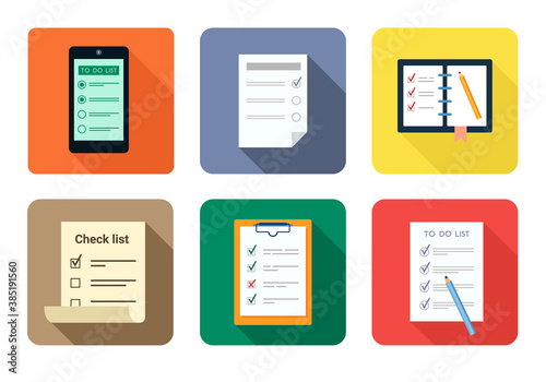 To do checklist set. Questionnaire document with notes and reminders in electronic form and paper with pencil important checkmarks in selection desired answers. Vector report style