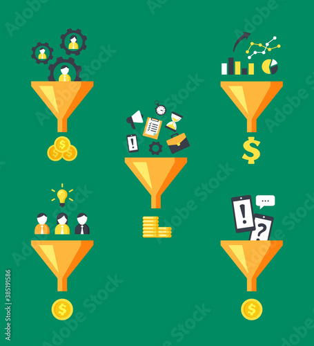 Money funnels converters set. Marketing optimization converting human labor and time into financial investments profit strategy and analytics generation business awareness. Clipart vector.