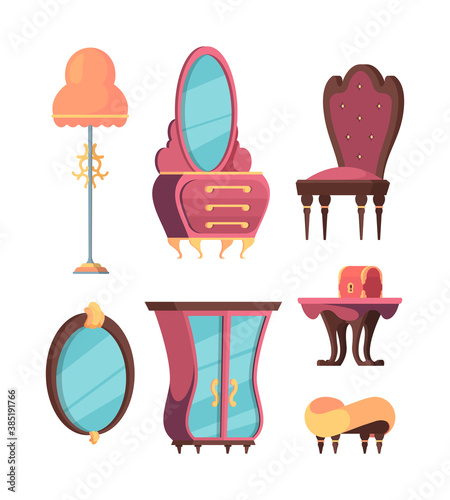 Retro room furniture set. Trendy antique living room interior vintage chest drawers oval mirror soft chair in old style decorative tea table with red chest archaic orange floor lamp. Vector comfort.