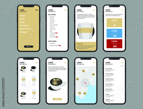 Modern coffee store app design. UI, UX Kit for responsive mobile app or website. Dashboard, user panel mobile app.