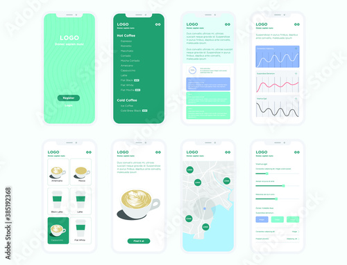 Modern coffee store app design. UI, UX Kit for responsive mobile app or website. Dashboard, user panel mobile app.