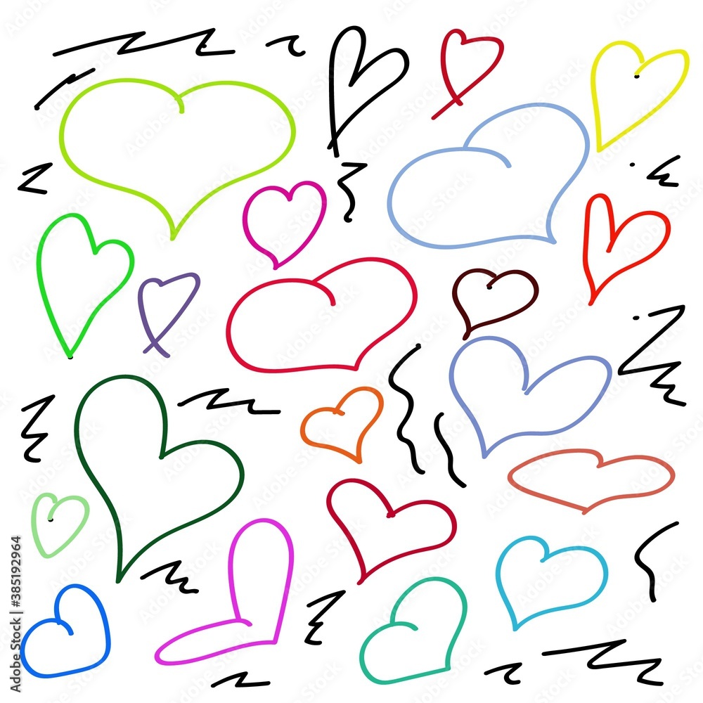 hearts and lines drawn by hand in a Doodle style different color hearts and lines drawn by hand in a Doodle style different color