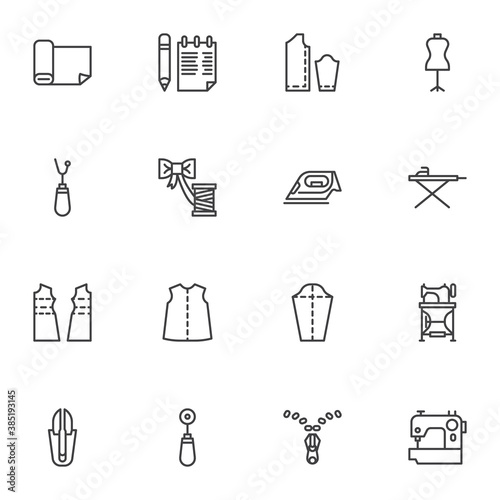 Tailoring, sewing line icons set, outline vector symbol collection, linear style pictogram pack. Signs, logo illustration. Set includes icons as dummy mannequin, sewing machine, iron, fabric, zipper
