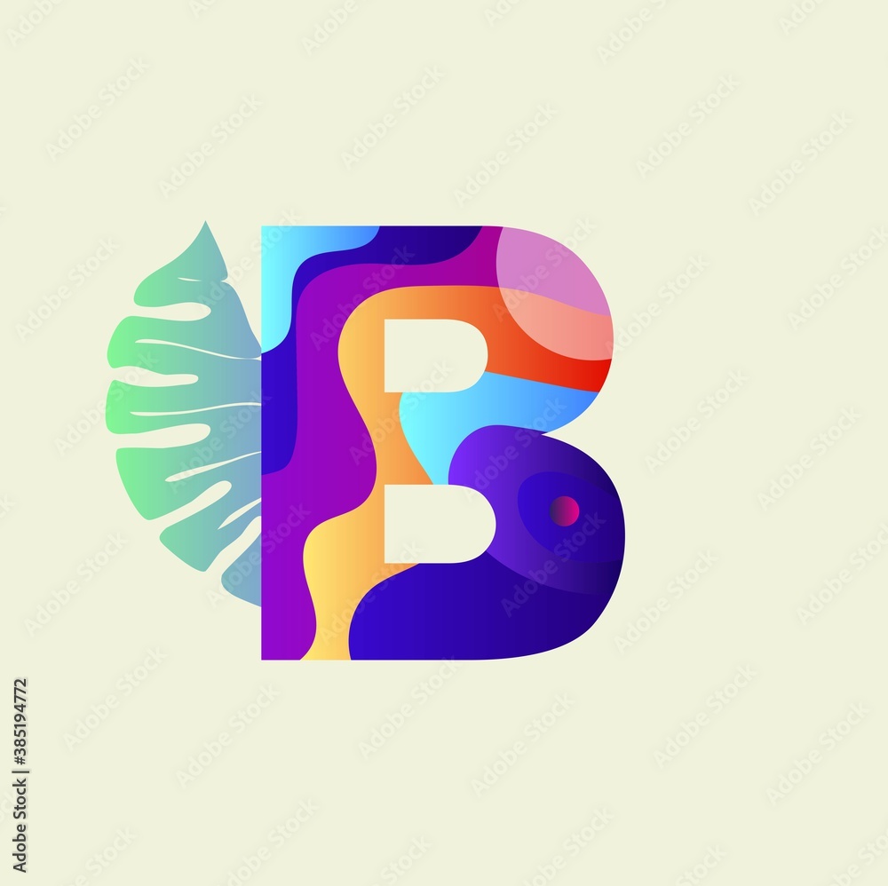 Flat letter B with tropical leaves. Vector illustration. Flat letter B with tropical leaves. Vector illustration.