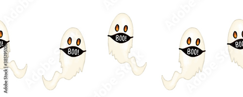 Halloween 2020 Coronavirus ghosts wearing face masks seamless border. Covid social distancing Halloween seamless repeating pattern. 