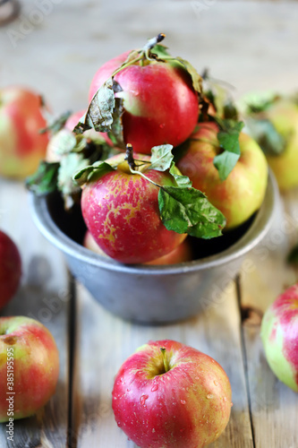 Selective focus. Fresh autumn apples in a bowl on a wooden surface. Harvest apples.