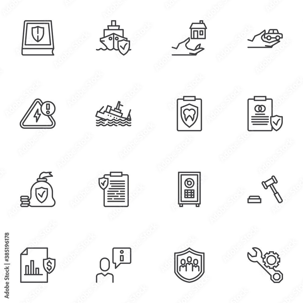 Insurance types line icons set, outline vector symbol collection, linear style pictogram pack. Signs, logo illustration. Set includes icons as shipping, travel, money and finance, medical, wedding