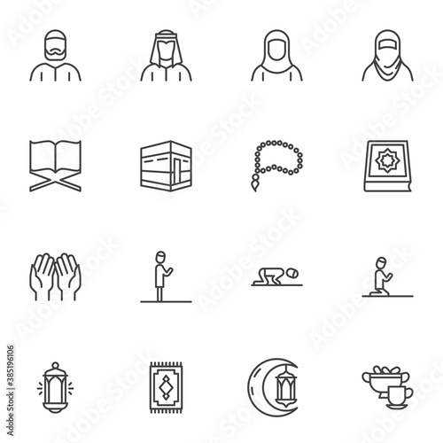 Islamic religion line icons set, outline vector symbol collection, linear style pictogram pack. Signs, logo illustration. Set includes icons as muslim woman in hijab, koran book, praying man, rosary