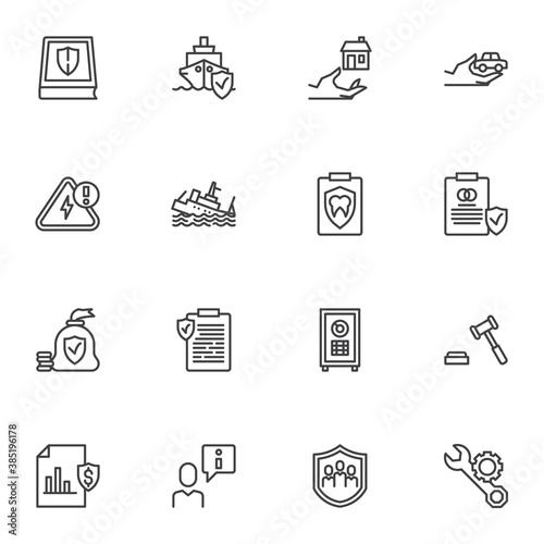 Insurance types line icons set, outline vector symbol collection, linear style pictogram pack. Signs, logo illustration. Set includes icons as shipping, travel, money and finance, medical, wedding
