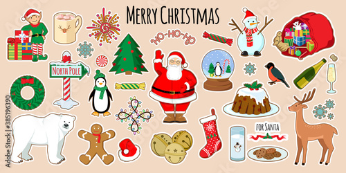 Set of Christmas stickers. Holiday decoration elements. Vector illustrations.