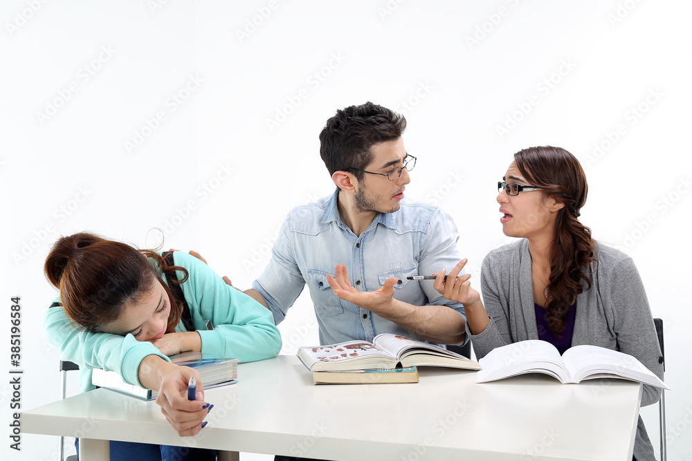 Yong south east Asian middle eastern Caucasian youth man woman in casual dress sit stand at table book notebook pen talk study think tired rest on white background Yong south east Asian middle eastern Caucasian youth man woman in casual dress sit stand at table book notebook pen talk study think tired rest on white background