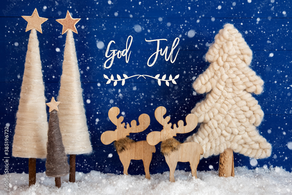 Swedish Calligraphy God Jul Means Merry Christmas On Blue Background With  Snow. Decoration And Ornament Like Christmas Trees And A Moose Couple With  Snowflakes. Stock Photo | Adobe Stock