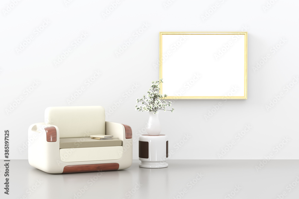 Fototapeta premium Mock up canvas poster gold frame with designer couch sofa, plant, vase and desk. White wall Background