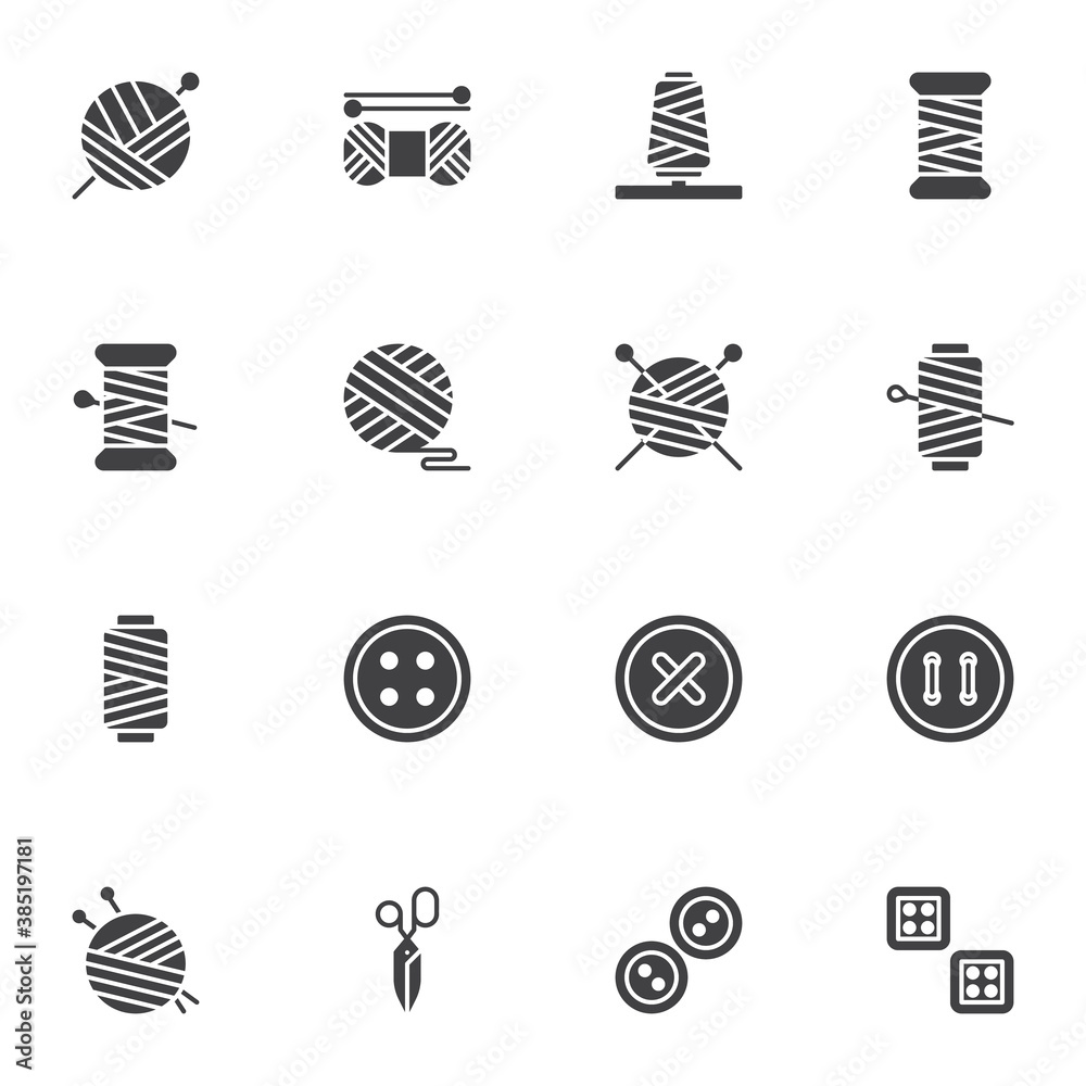 Sewing and needlework vector icons set, modern solid symbol collection, filled style pictogram pack. Signs, logo illustration. Set includes icons as balls of yarn knitting needles, thread , scissors Sewing and needlework vector icons set, modern solid symbol collection, filled style pictogram pack. Signs, logo illustration. Set includes icons as balls of yarn knitting needles, thread , scissors